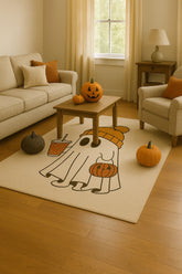 Machine washable Halloween rug featuring ghost in beanie hat.